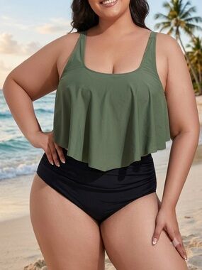 Plus Size Olive Green Flounce Tankini Top with Black High Waist Bikini Bottoms